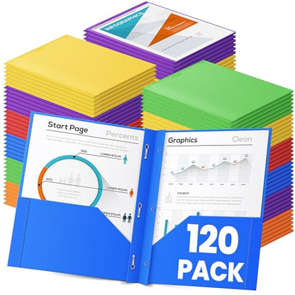 V-Opitos 120 Pack 2 Pocket Folders with 3 Prongs, Bulk Plastic Folders with Clear Front Pocket in 6 Colors, Heavy Duty File Folder with Fastener Clasps, Ideal School and Office Supplies