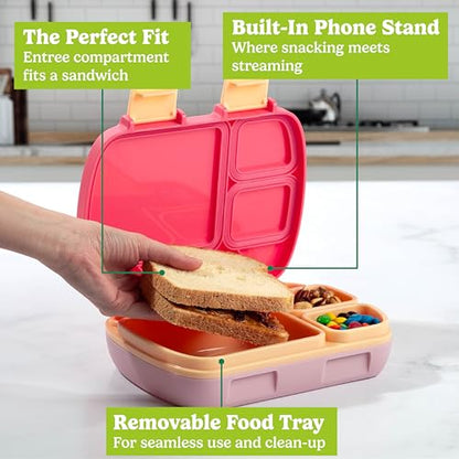 Tasty Bento Style Lunch Box, 4 Compartments with Built-In Phone Stand, BPA-Free Plastic, Portable Food Storage Container, Pink - color: Pink