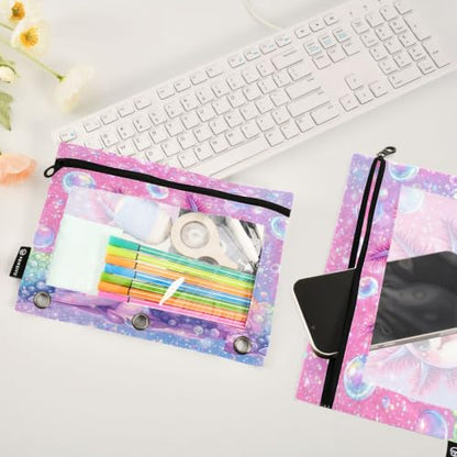 Gredecor 3 Ring Binder Pencil Pouch, Cute Axolotl Pink Bubbles Zippered Pen Case Pouches with Clear Window, 2 Pack Stylish Office & School Supplie - color: Cute Axolotl Pink Bubbles