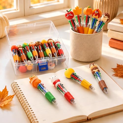 Vellibring 24 Pcs Thanksgiving Pens, Fun Autumn 4-in-1 Maple Leaf Pumpkin Turkey Animal Character MultiColor Pens Fall Harvest Party Favor Classroom Reward Stationery Gift - style: Thanksgiving-24pcs