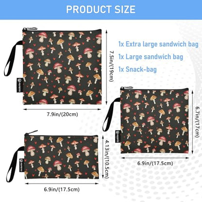 Reusable Food Storage Bags Mushrooms Black Print 3 Pack Set Lunch Bag Compact Sandwich Snack Bag Small Medium Large for Lunch, Travel & Organization - color: Bag 2