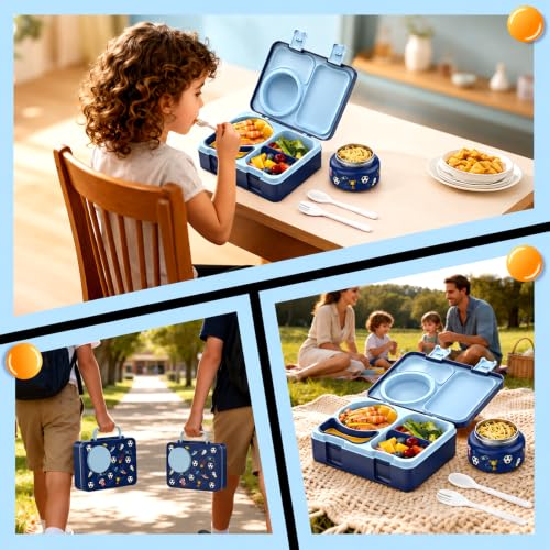 Kids Lunch Box with Thermo, Leakproof Bento Box for Kids with 8OZ Insulated Food Jar, Ice Pack, Sauce Cup, Utensils, Removable Tray & Dividers for School Daycare Travel (Football) - color: Football