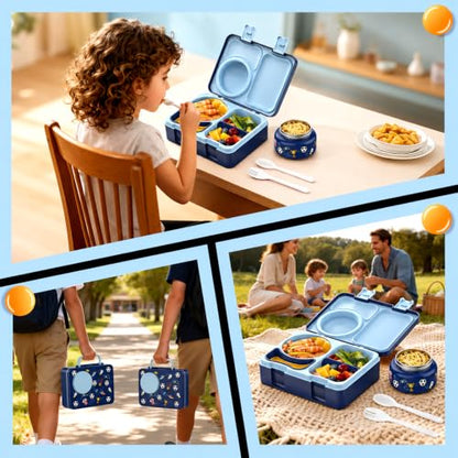 Kids Lunch Box with Thermo, Leakproof Bento Box for Kids with 8OZ Insulated Food Jar, Ice Pack, Sauce Cup, Utensils, Removable Tray & Dividers for School Daycare Travel (Football) - color: Football