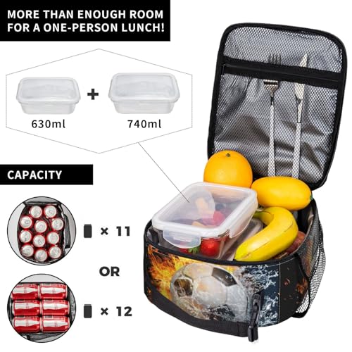 Insulated Durable Football Lunch Box with Shoulder Strap, Kids Adult Fire And Water Soccer School Lunch Bag, Lunch Tote Box Bag for Office School Picnic Beach Travel - color: Football