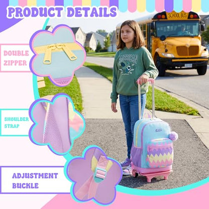 Girls Rolling Backpack for Kids Backpack with Wheels for Elementary School,Large Capacity Trolley School Bag with Lunch Box Pencil Case - color: Purple Blue