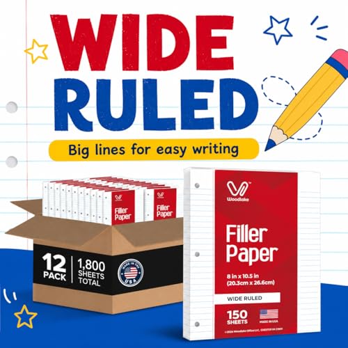 Woodlake Loose Leaf Paper Bulk, Wide Ruled Notebook Paper, 8 x 10.5 Inch Filler Paper, 3-Hole Punched Lined Binder Paper, 60 GSM, 150 Sheets/Pack, 1,800 Sheets Total, Made in USA for School & Office - color: Wide Ruled, size: 12 PACK(1800 SHEETS)