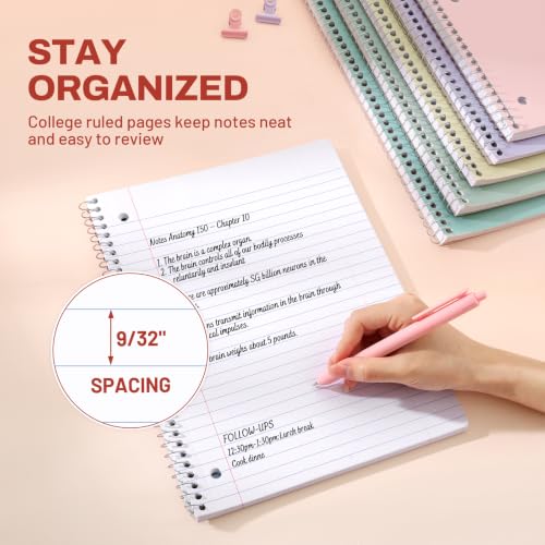 SUNEE Spiral Notebooks, 1-Subject, 10 Pack, College Ruled Paper, 8" x 10-1/2", 70 Sheets per Notebook,3-Hole Punched Paper, Pink,Purple, Blue, Green, Yellow Spiral Lined Notebooks for School,Work - style: Pastel | 10 Pack