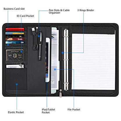 Portfolio Binder, Pacific Mailer 3 Ring Binder Portfolio Organizer with Leather Folder Writing Pad Zipper Business Notebook Binders Tablets Notepads Resumes Documents Holder for Men Women