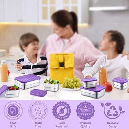 Homikit 3 Pack Kids Lunch Box Set, 18/10 Stainless Steel Bento Boxes with Silicone Lids Leak Proof, 5 Cups Reusable Metal Food Snack Containers for School Daycare, Nontoxic & Dishwasher Safe, Purple - color: Purple, size: Medium