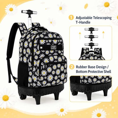 AGSDON Rolling Backpack for Girls, Women Roller Wheels Bookbag, Laptop Daisy Wheeled School Bag with Wheels for Teens - color: Daisy Black