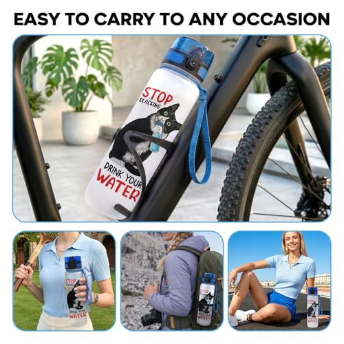 Funny Cat Hydration Water Bottle 32oz with Time Marker, Cute Cat Mom Gift for Women, Reusable Daily Motivation Drinking Bottle with Handle & Lid - color: Cat
