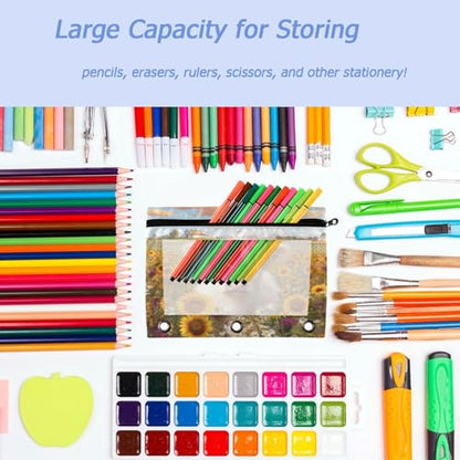 Studying 2 Pack Sunflower Field White Highland Cow 3 Ring Binder Pencil Pouch Bags,Clear Window Zipper Storage Case for Boys Girls School Office Supplies Cosmetics Organizers - color: Multi-highland Cow
