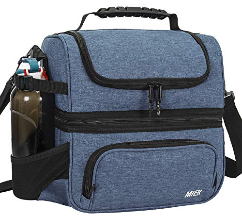 MIER Lunch Box for Men Dual Compartment Adult Lunch Bag for Work, Bluesteel | Leakproof & Insulated; Lunchbox Cooler Tote with Side Bottle Holder; Detachable Shoulder Strap with Pad; Multi-Pockets - color: Bluesteel