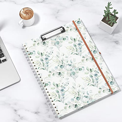Rimilak Spiral Clipboard Folio with Refillable Lined Notepad, 14.5 x 9.8 In, Hardcover Cover with 5 Interior Pockets, Elastic Band and Pen Loop Series. Cute Stylish Clipfolio, Green Leaves - color: Green Leaves