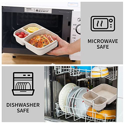 buluker 4 Pack Bento Lunch Box Set 3 Compartment Food Storage Containers Wheat Straw Meal Prep Lunch Box Plastic Food Storage Containers, Microwave and Dishwasher Safe (light colour) - color: 4 Pack（light colour)