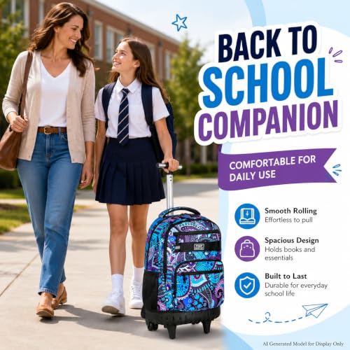 AGSDON Rolling Backpack for Girls, Women Roller Wheels Bookbag, Laptop Flower Wheeled School Bag with Wheels for Teens - color: Purple