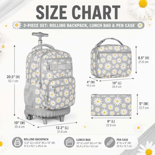 gxtvo Womens Rolling Backpack for Girls, Wheeled Bookbag with Lunch Box for Adults, Water Resistant Roller School Bag for College Teens Kids Travel - Grey - color: Chrysanthemum Grey