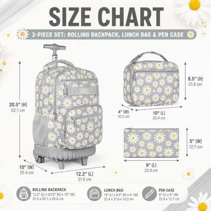 gxtvo Womens Rolling Backpack for Girls, Wheeled Bookbag with Lunch Box for Adults, Water Resistant Roller School Bag for College Teens Kids Travel - Grey - color: Chrysanthemum Grey