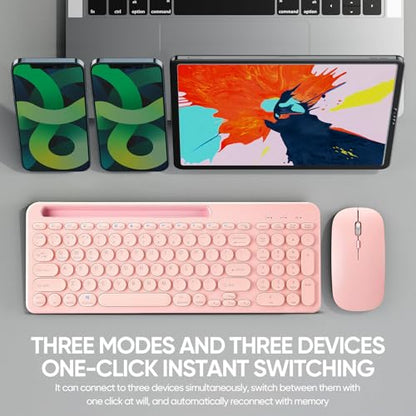 Wireless Keyboard and Mouse Combo with Phone Tablet Holder, Rechargeable Dual-Mode (Bluetooth 5.0 and 3.0 +2.4G) Multi-Device Silent Mouse for Windows, iPad, Tablet, MacOS,iOS,Android (Pink) - color: pink