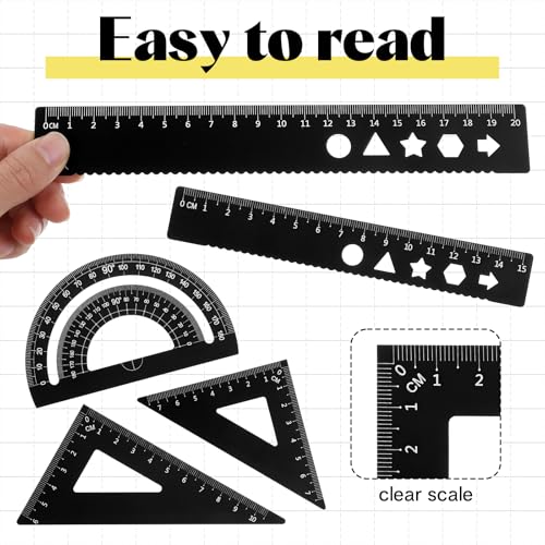 5Pcs Metal Geometry Set, Metal Ruler Set with Protractors, Triangle Rulers, Rulers, Compass for Math, School, Office (Black)