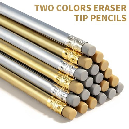 M&G Gleam Series 24 Pack HB Triangular Wood-Cased Pencils, Unsharpened with Matching Erasers, Smooth Writing Break-Resistant Core, Gold and Silver Solid Barrels for School Office Classroom Supplies - style: GLEAM