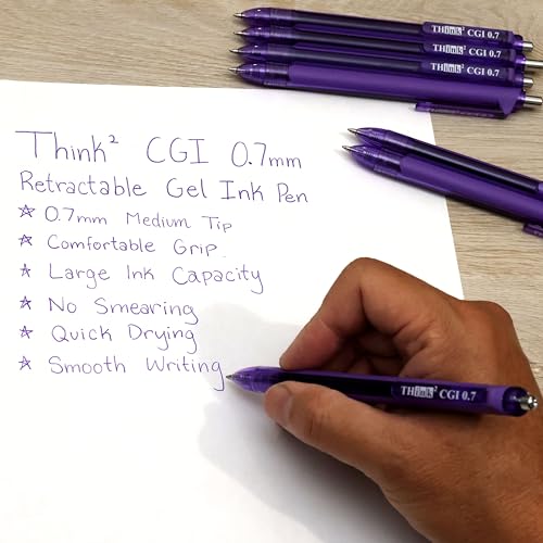 [24 Pens - Purple Ink] Think2 0.7mm CGI Retractable Gel Pens. (24 Purple) Medium Point Rollerball Pens with Smooth Quick Drying Ink. - color: Purple