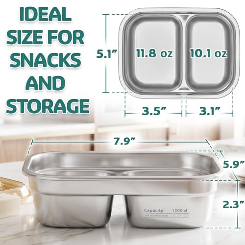 Everusely - Large Stainless Steel Bento Box + Snap Lock Lid - 2 Compartments, 40.5 oz - Hot Food Metal Lunch Box - Leakproof Divided Meal Storage Container- Microwave, Oven, Refrigerator Safe - size: 1200mL