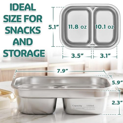 Everusely - Large Stainless Steel Bento Box + Snap Lock Lid - 2 Compartments, 40.5 oz - Hot Food Metal Lunch Box - Leakproof Divided Meal Storage Container- Microwave, Oven, Refrigerator Safe - size: 1200mL