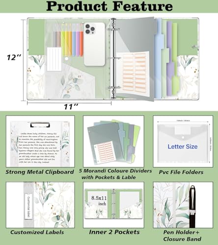 3 Ring Binder 2 Inch, Three Ring Binders Organizer with Clipboard, 5-Tabs Pockets Dividers, Plastic Folder, 18 Divider Stikers, KLLVE Cute Binder with Pen Loop (Leaves, Letter Size) - color: Leaves, size: 2in（Letter Size）