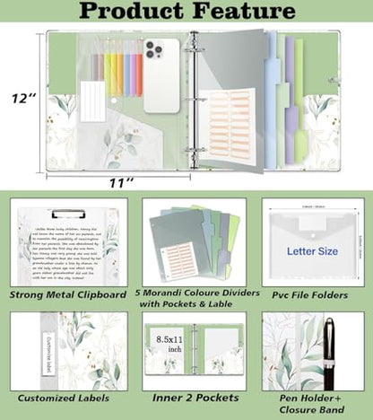 3 Ring Binder 2 Inch, Three Ring Binders Organizer with Clipboard, 5-Tabs Pockets Dividers, Plastic Folder, 18 Divider Stikers, KLLVE Cute Binder with Pen Loop (Leaves, Letter Size) - color: Leaves, size: 2in（Letter Size）