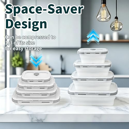 4 Pcs Silicone Collapsible Food Storage Containers with Lids, Silicone Rectangle Collapsible Bowls for Camping, RV Accessories, Travel Trailer Must, Rectangle