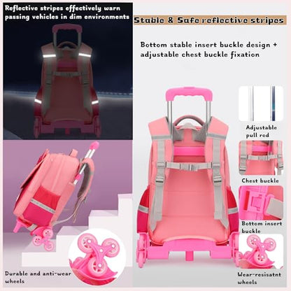 2Pcs Girls Rolling Backpack, Cute Cat Face Kids School Bag Bookbag Roller Backpack for Girls with 6 Wheels, 2Pcs-Pink - color: 6 Wheels-2pcs-pink, style: 6 Wheels