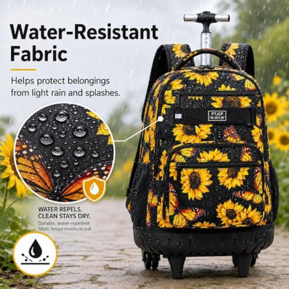 3Pcs Rolling Backpack for Girls, 19 Women Inche Roller Bag with Wheels, Sunflower Wheeled Bookbag Set for Adults(Yellow) - color: Sunflower
