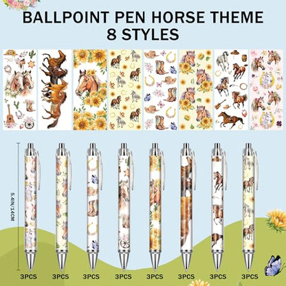 Horse Ballpoint Pens Supplies - 24 Pcs Retractable Office Gifts Supplies Horses Black Ink Pen Smooth Fine Point Cartoon Writing Stylus for Journaling School Work Nursing Medical Graduation - style: Horse