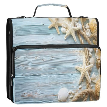 3 Ring Zipper Binder Starfish Seashell Blue Wood Grain Binders Bag with Shoulder Strap 500 Sheets Paper Organizer Trapper Keeper Documents Storage File Folder for School Office - color: A492