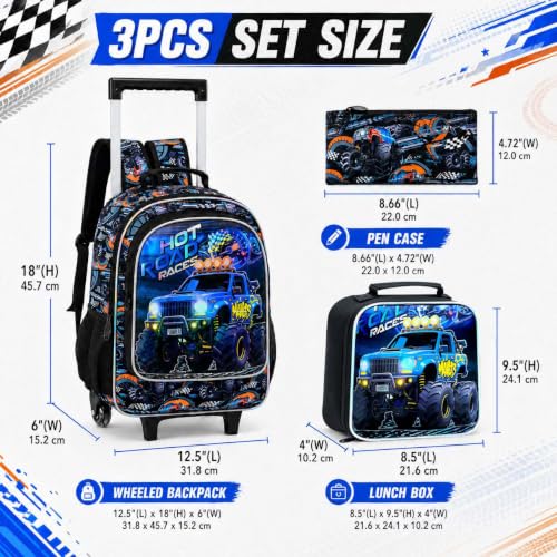 CCJPX 3Pcs Truck Rolling Backpack for Boys, 18" Kids Wheeled Bookbag with Lunch Box, Lightweight Roller School Bag for Elementary Preschool(Black) - color: Blue Truck