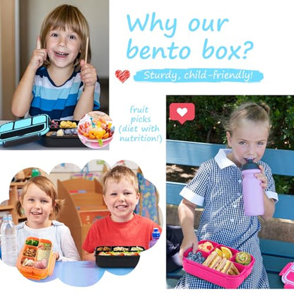 QQKO Bento Box for Kids Adults, School Toddler Lunch Box for Boys Girls, Lunch Box Containers with 4 Compartments, Sauce Container, Utensils, Food Picks and Muffin Cups for School, Black Blue - color: Black Blue