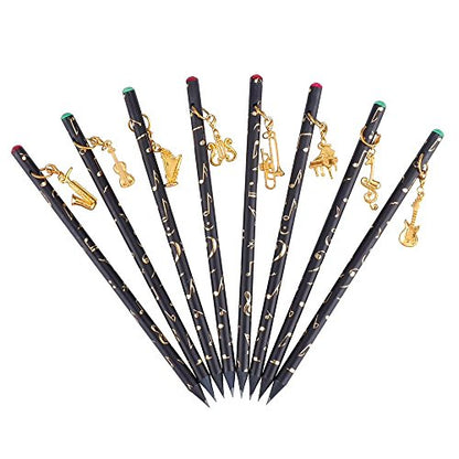 PUNK Artist Pencil Music Note Pre-Sharpened Pencils Charcoal Pencil with Diamond Top & Beautiful Musical Instruments Gold Plated Pendant(8 Pcs)