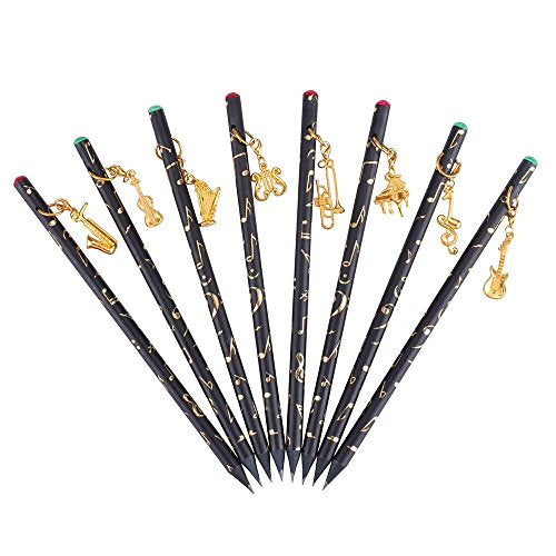 PUNK Artist Pencil Music Note Pre-Sharpened Pencils Charcoal Pencil with Diamond Top & Beautiful Musical Instruments Gold Plated Pendant(8 Pcs)