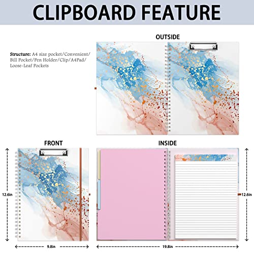 Rimilak Spiral Clipboard Folio with Refillable Lined Notepad, 14.5 x 9.8 In, Hardcover Cover with 5 Interior Pockets, Elastic Band and Pen Loop Series. Cute Stylish Clipfolio, Abstract Marble - color: Abstract Marble