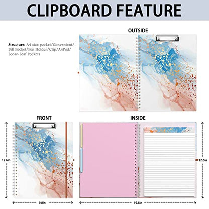 Rimilak Spiral Clipboard Folio with Refillable Lined Notepad, 14.5 x 9.8 In, Hardcover Cover with 5 Interior Pockets, Elastic Band and Pen Loop Series. Cute Stylish Clipfolio, Abstract Marble - color: Abstract Marble