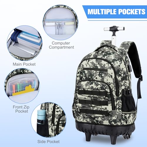 ACESAK Camo Rolling Backpack Boys, Tactical Kids Backpack Boys, Kids Suitcase for Boy Teens Elementary Middle High School, Military Backpack with Wheels and Lunch Bag Pencil Case Set (Camo Green) - color: Camo Green