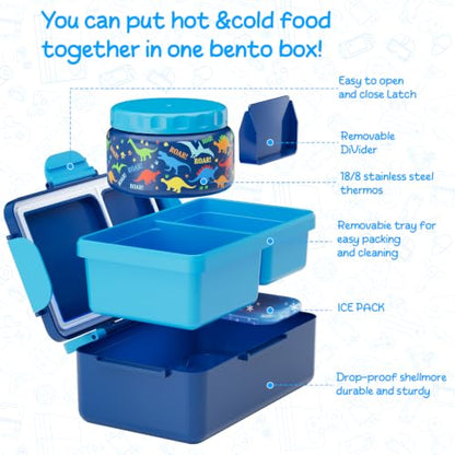 Dinosaur Bento Lunch Box for Kids – 12 oz Stainless‑Steel Soup Thermo & 3‑Compartment Leak‑Proof Food Container with Built‑In Ice Pack, Insulated Food Jar for Boys & Girls, School & Travel - color: Blue-Dinosaur