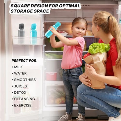 MILTON Bulk Water Bottles Set of 4 – 10 and 17oz Multicolor Bottles for Kids and Adults – Leak Proof with Carry Strap – Square Reusable Bottles for Juice, Drinks BPA-Free Dishwasher-Safe - color: Square Black/Blue