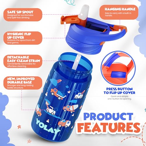 YOLAY 15oz Kids Water Bottle For School Boys and Girls, Durable Toddler Water Bottle with Straw Lid Leak-Proof, Spill Proof, Easy Clean and Dishwasher Safe with Re-Usable and BPA Free - Trucks - color: Trucks
