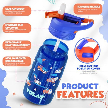 YOLAY 15oz Kids Water Bottle For School Boys and Girls, Durable Toddler Water Bottle with Straw Lid Leak-Proof, Spill Proof, Easy Clean and Dishwasher Safe with Re-Usable and BPA Free - Trucks - color: Trucks