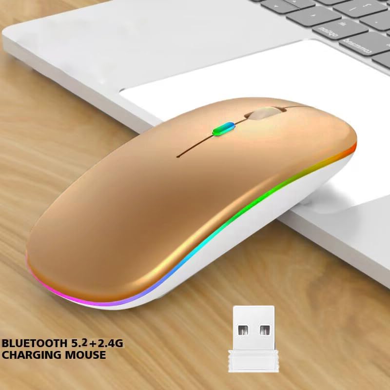 LED Wireless Mouse, Slim Silent Dual-Mode 2.4G+BT Rechargable 7-Color Portable Mobile Optical Office Mouse with USB Receiver, 3 Adjustable DPI Levels for Notebook, PC, Computer, MacBook (GOLD) - color: gold