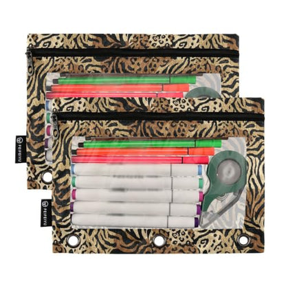 Gredecor 3 Ring Binder Pencil Pouch, Modern Leopard Brown Zippered Pen Case Pouches with Clear Window, 2 Pack Stylish Office & School Supplie - color: Modern Leopard Brown