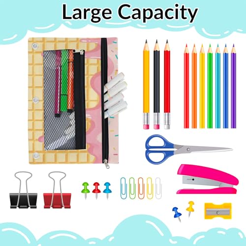 Pink Ice Cream Pencil Pouch for 3 Ring Binder Waffle Cookies Pencil Case Bag with Clear Window Zipper Pockets for Kids Girls Boys Students School College Supplies 2 Pack - color: Pink