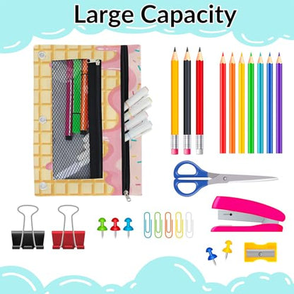 Pink Ice Cream Pencil Pouch for 3 Ring Binder Waffle Cookies Pencil Case Bag with Clear Window Zipper Pockets for Kids Girls Boys Students School College Supplies 2 Pack - color: Pink